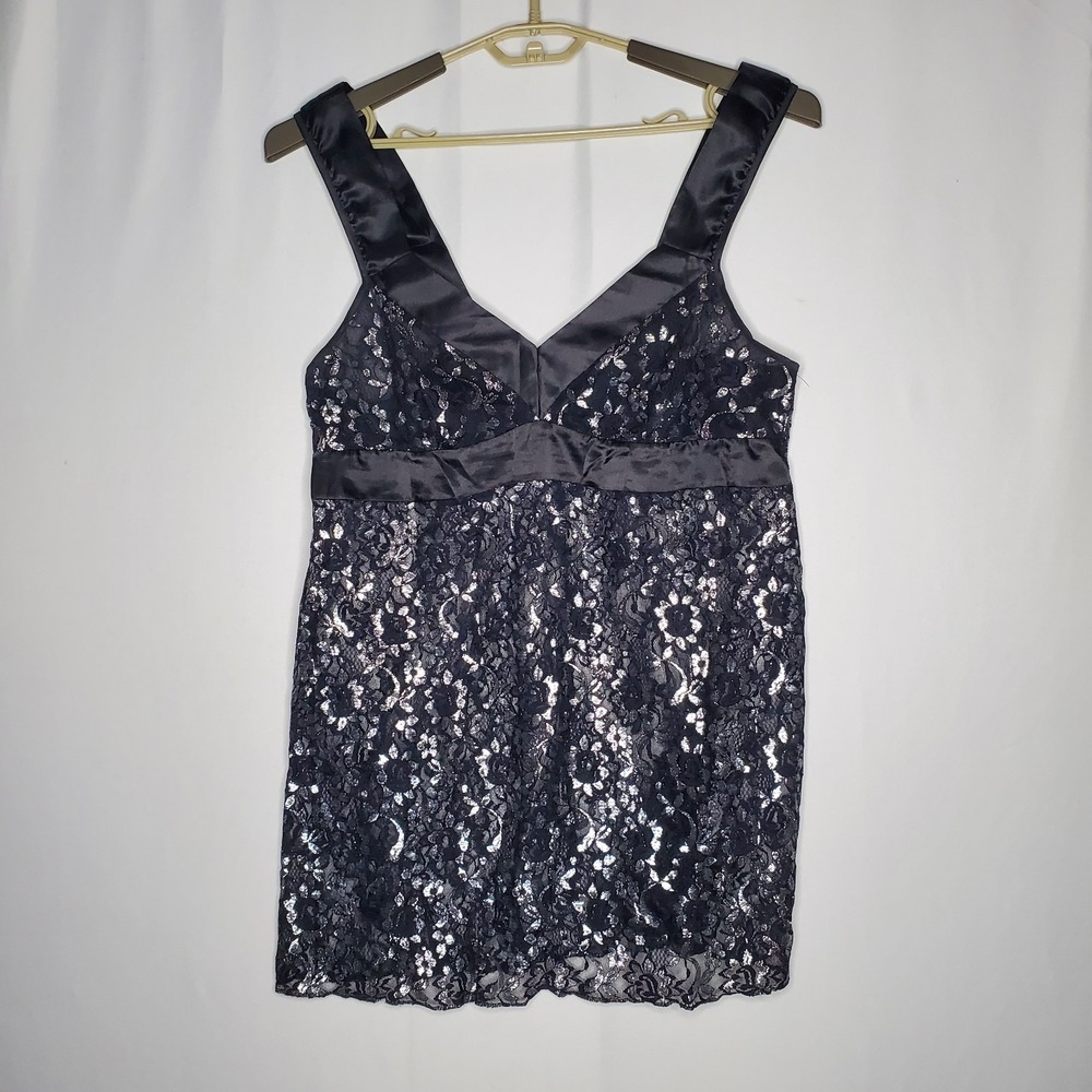 Vintage Sheer‎ Lace Empire Tank Top Women Black Silver Metallic Whimsygoth Fairy